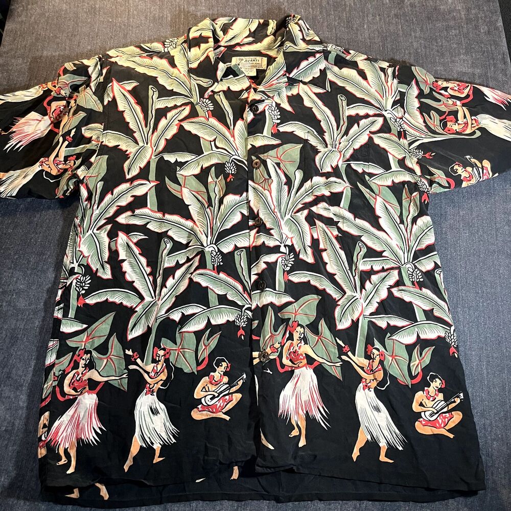 Vtg Avanti Hawaii 100 % Silk Hawaiian Button Up Large Aloha Shirt Hula Dancers